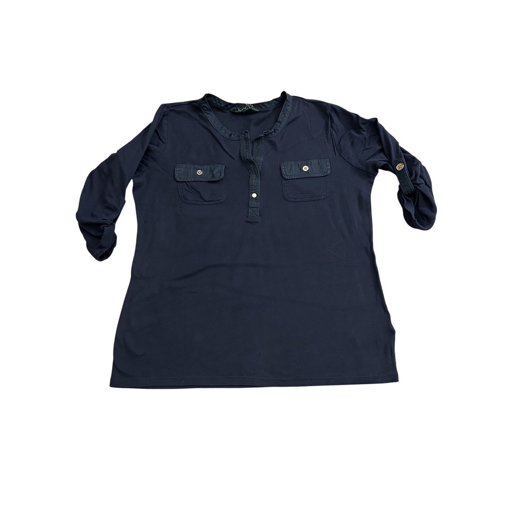Lauren Ralph Lauren Henley Top Womens Medium Navy Blue Excellent Roll Tab Sleeve
